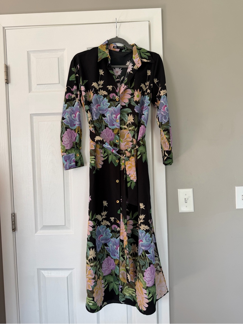 Zara Black Maxi Shirt Dress with Pastel Floral Print - Picture 1 of 12